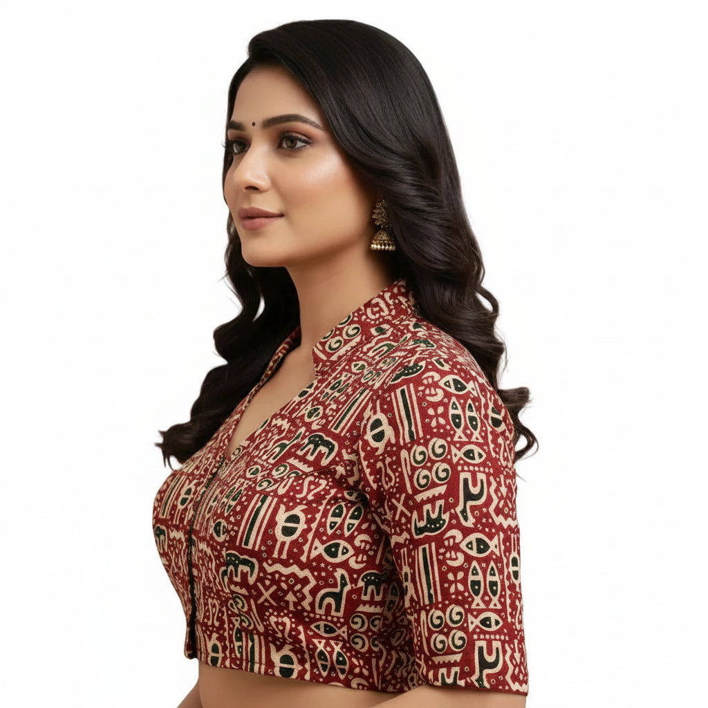 Cotton printed high neck blouse